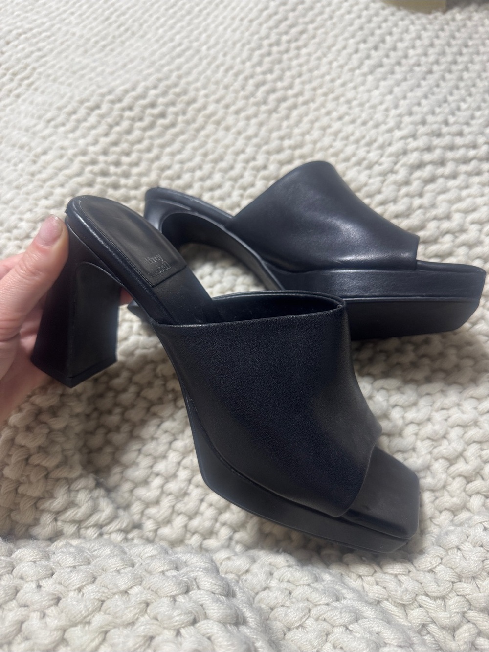 Jeffrey Campbell Black Leather Square-Front Platform Mules